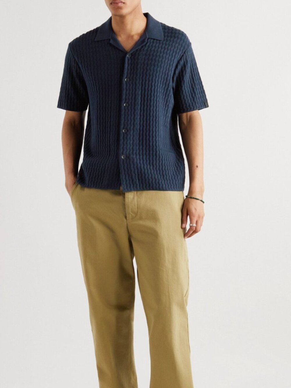 Rag & Bone Avery Camp Collar Ribbed Cotton Shirt S Navy